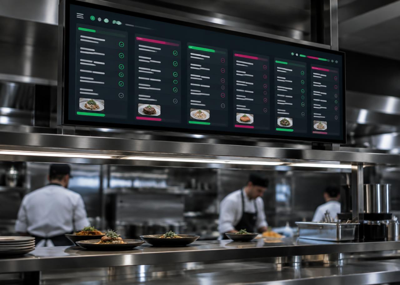 Écran de suivi des commandes dans une cuisine de restaurant