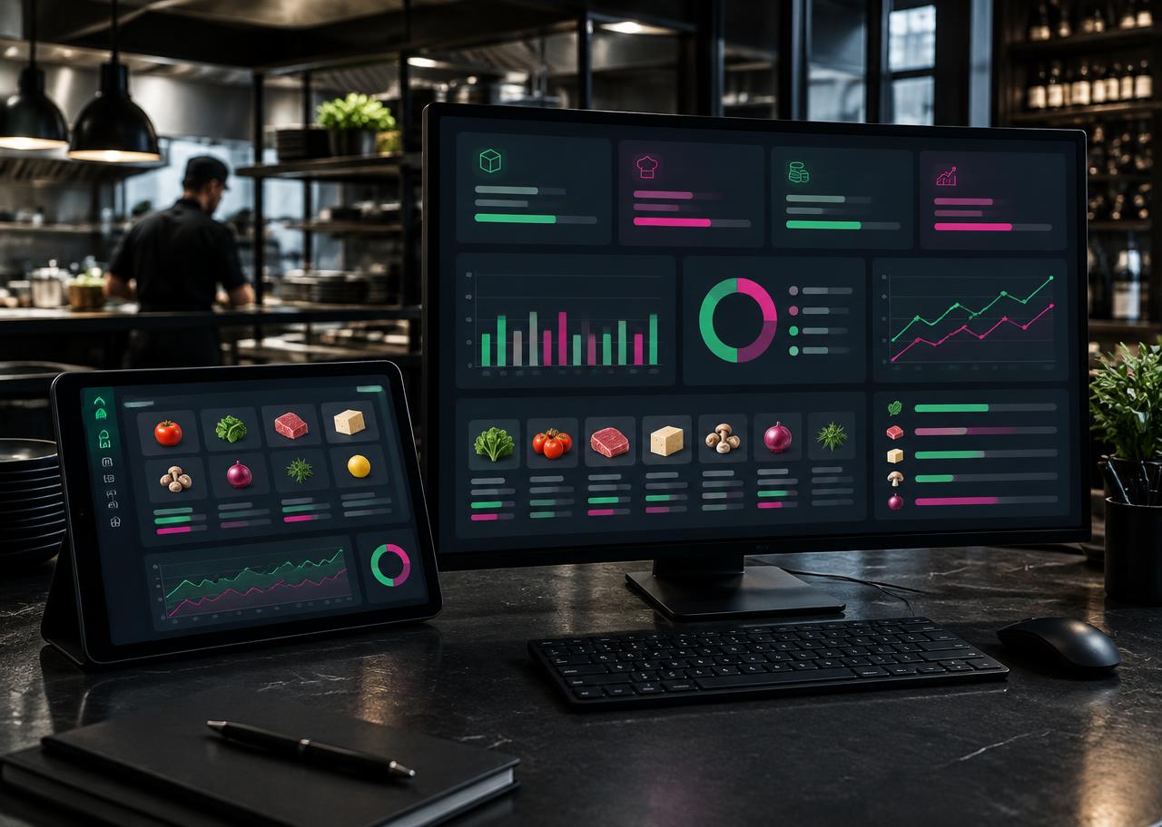 Écran logiciel de gestion des coûts, stocks et marges d’un restaurant